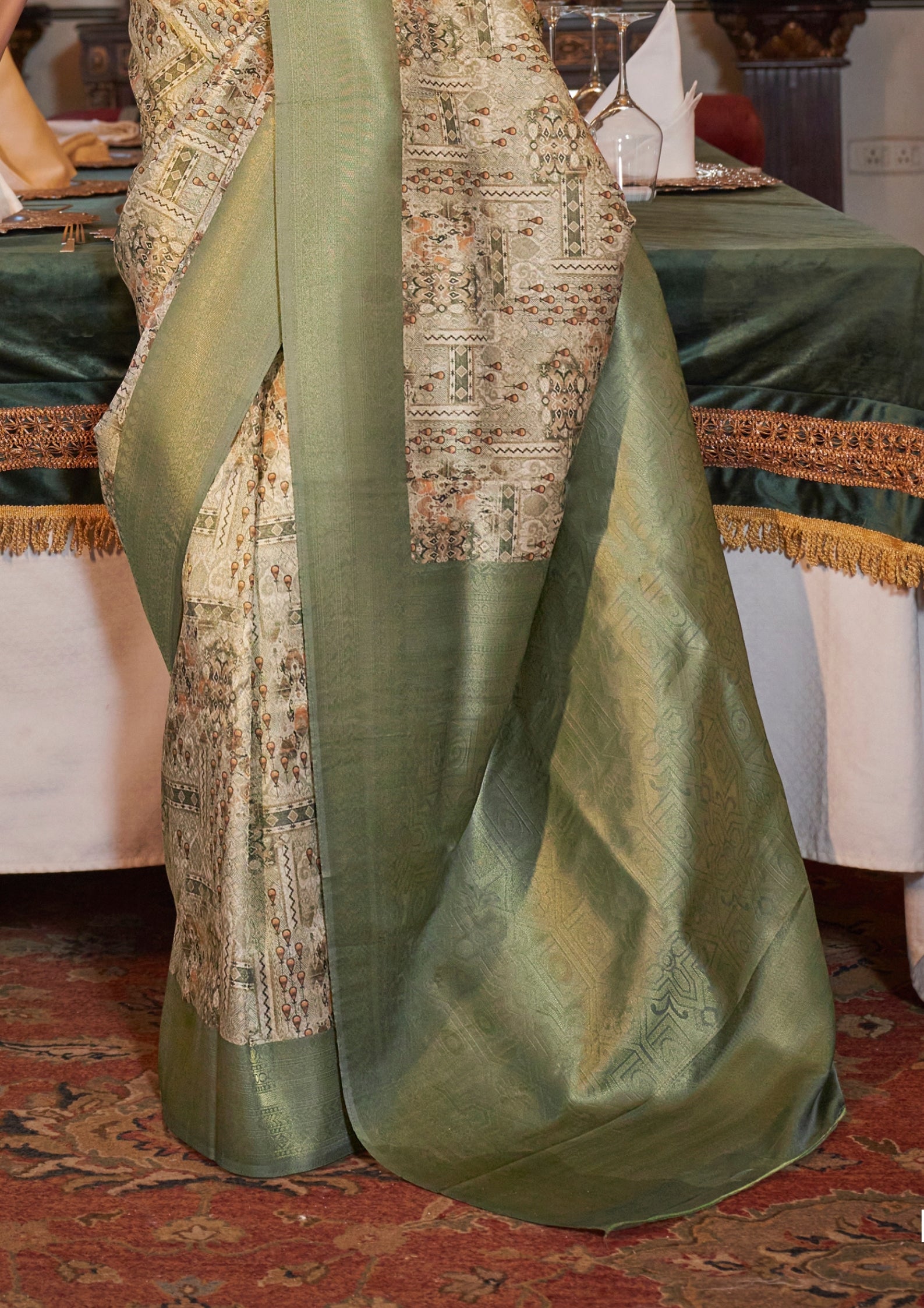 SAGE TUSSER SILK WITH DIGITAL PRINTED ZARI BORDER SAREE