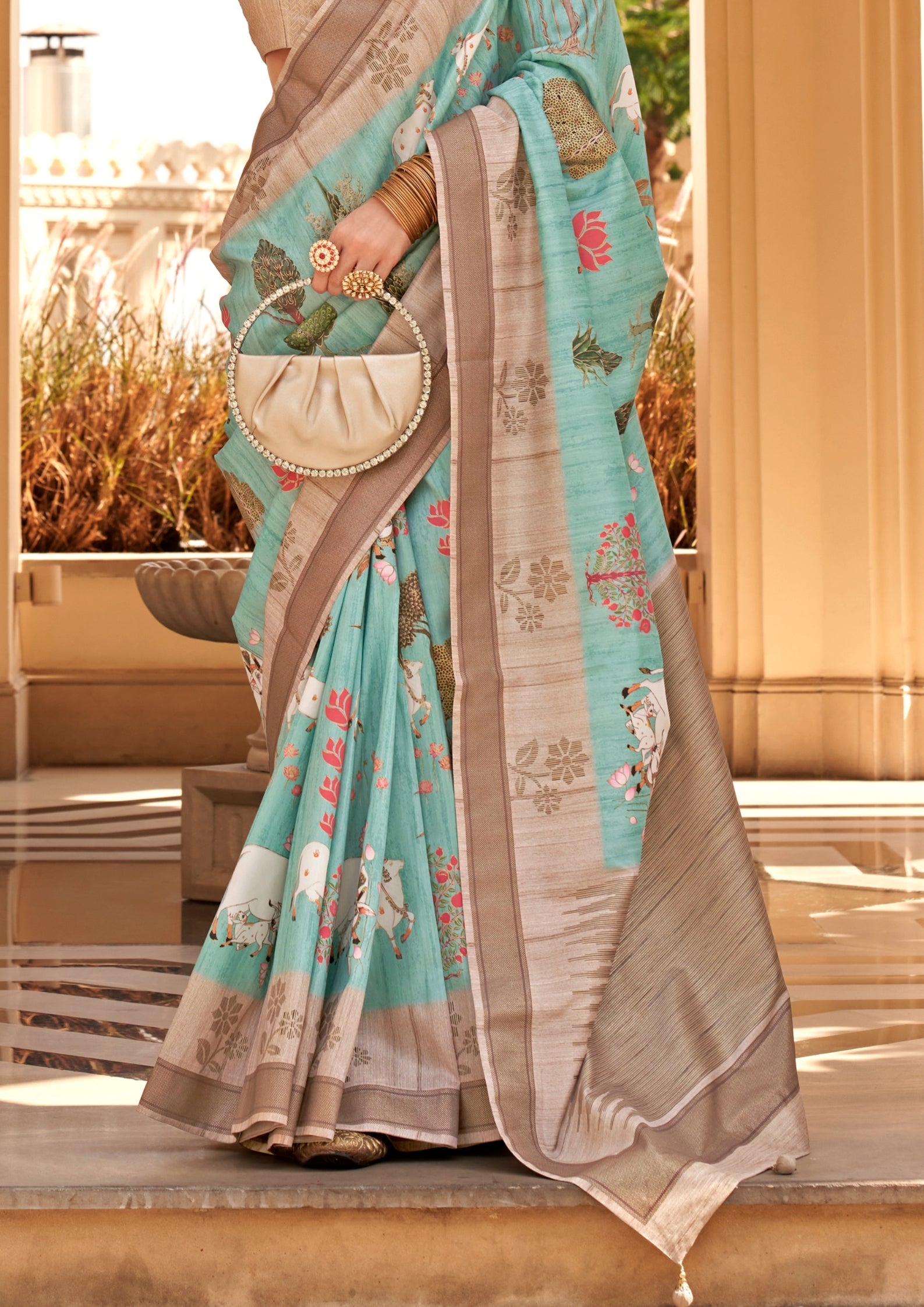 Electric Blue Raw Silk Saree With Foil And Khadi Print