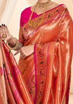 Pure Paithani Tissue Orange  Silk With Zari Border