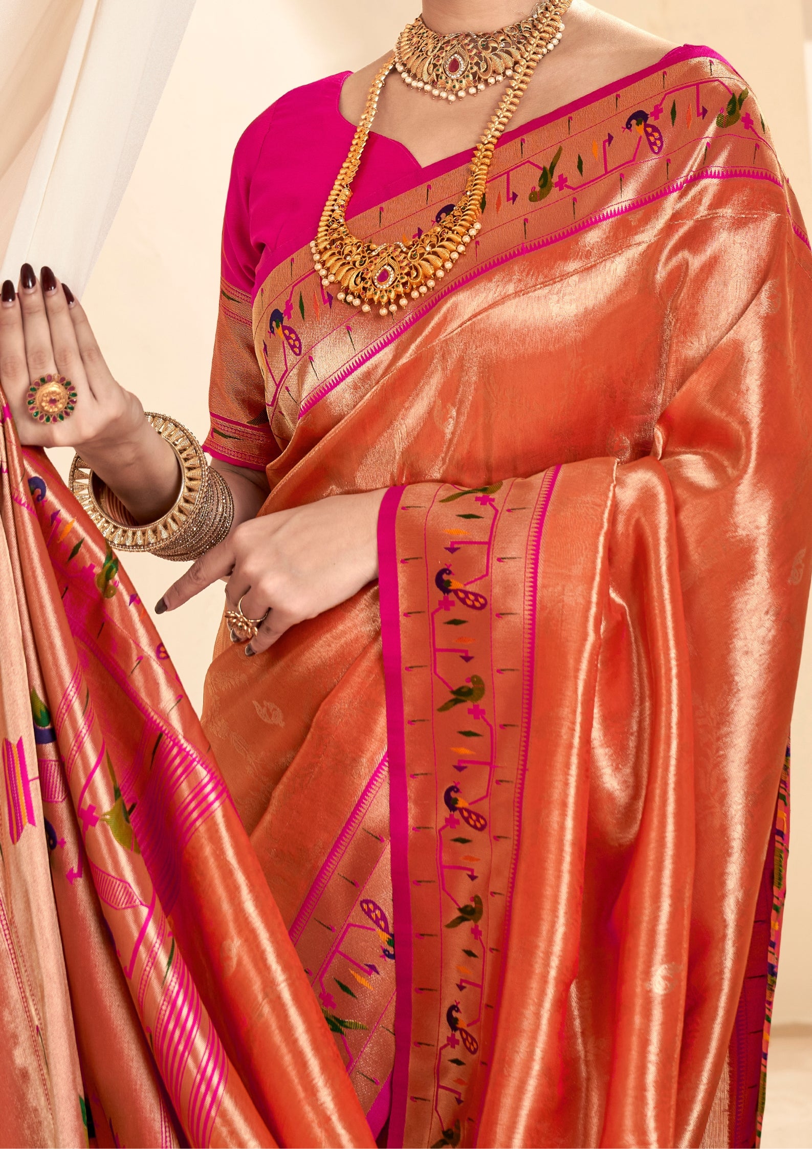 Pure Paithani Tissue Orange  Silk With Zari Border