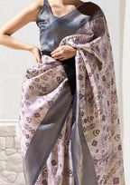 Rusty Pink Saree With Printed Zari Border