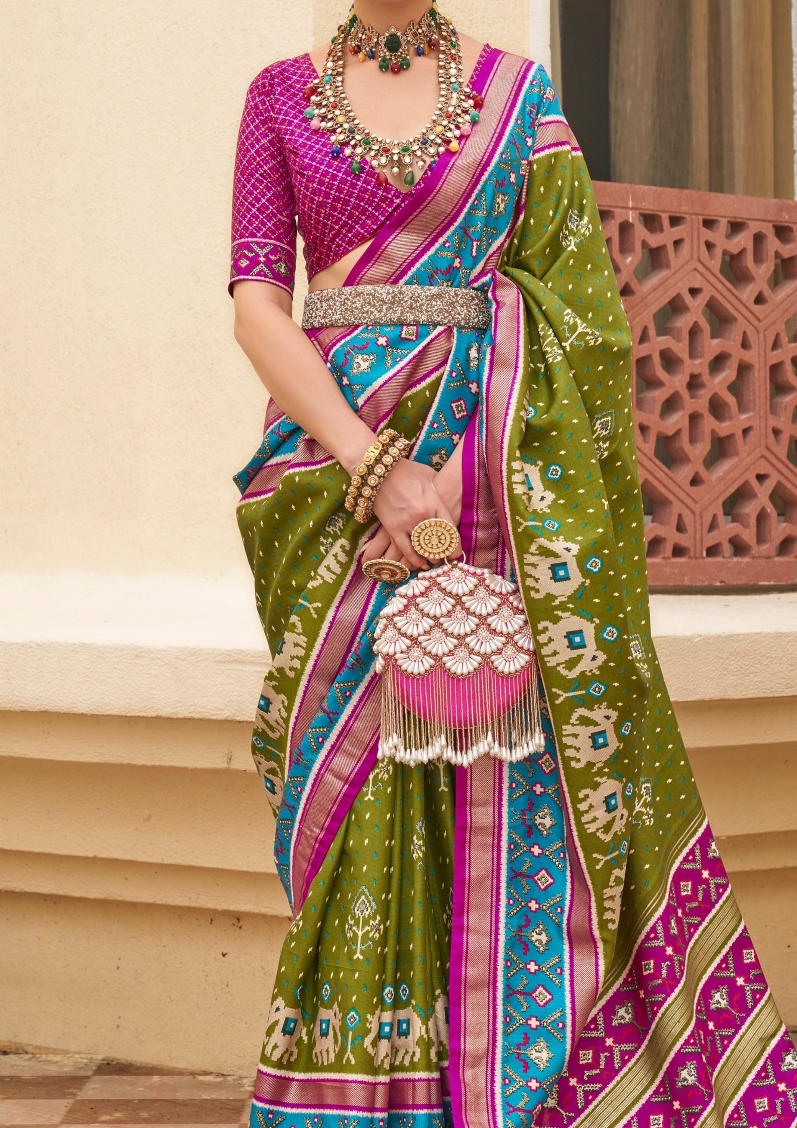 Olive And Magenta  Silk with Aqua Finish