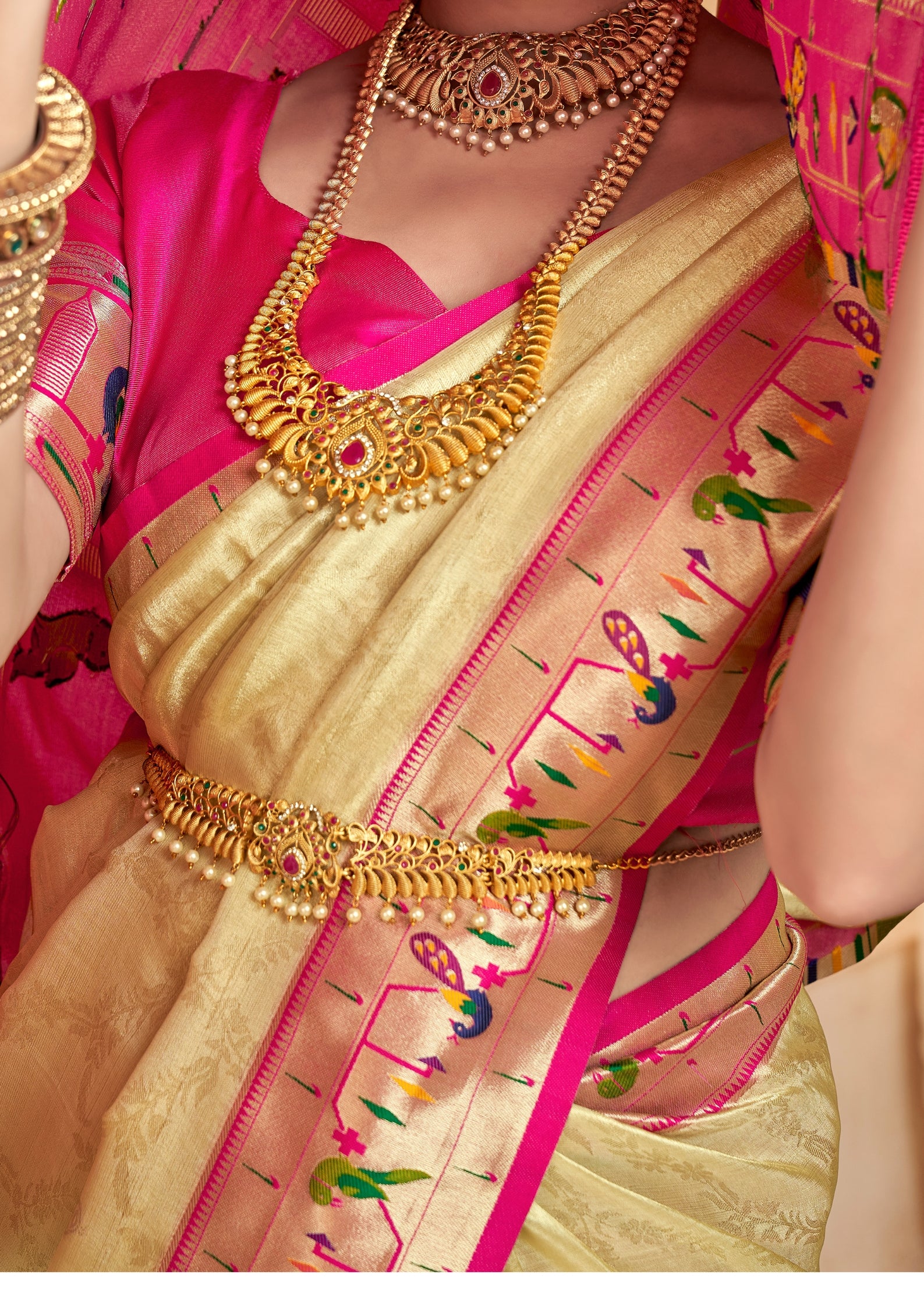 Pure Paithani Tissue Gold Silk With Zari Border