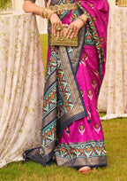 Rani Pink with Cyan Border Silk with Aqua Finish