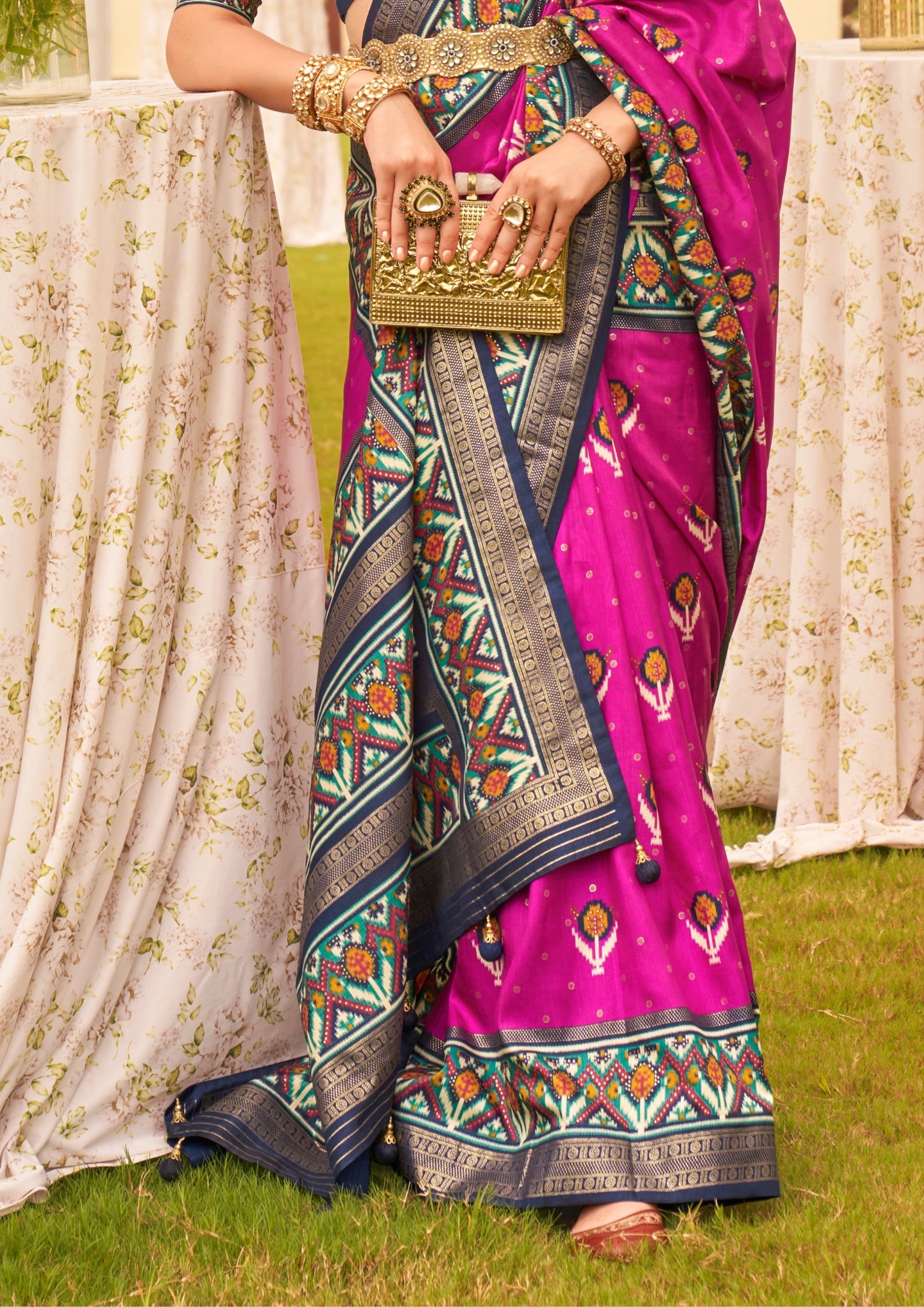 Rani Pink with Cyan Border Silk with Aqua Finish