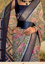 Sage Green Patola Saree With Royal Blue Border