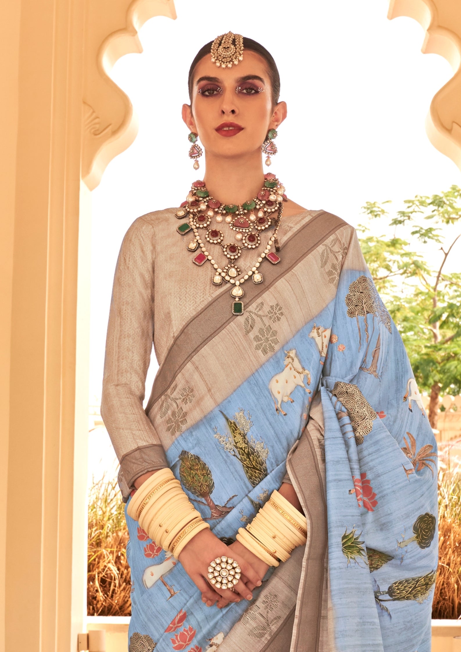 Pastel Blue Raw Silk Saree With Foil And Khadi Print