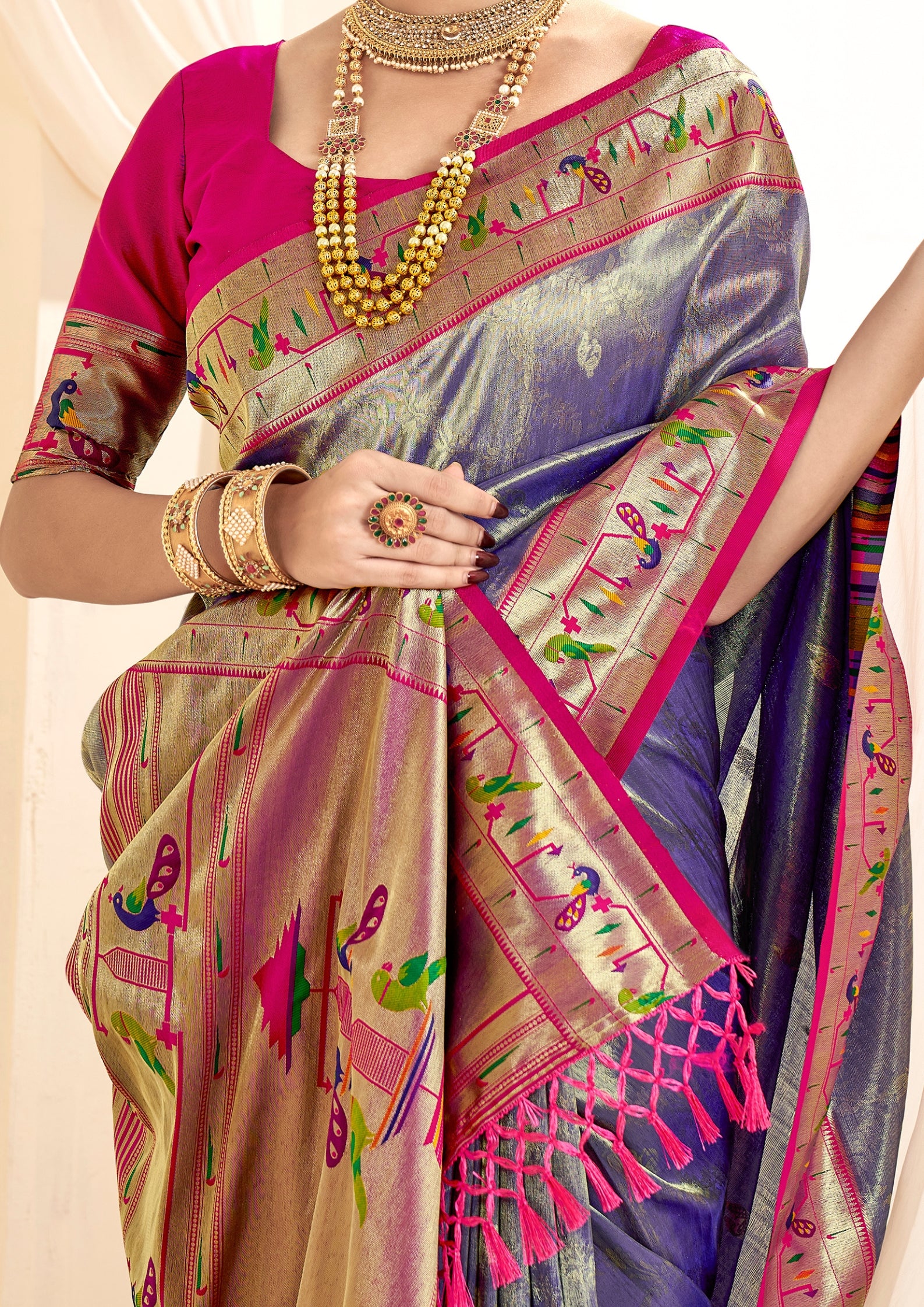 Pure Paithani Tissue Purple Silk With Zari Border