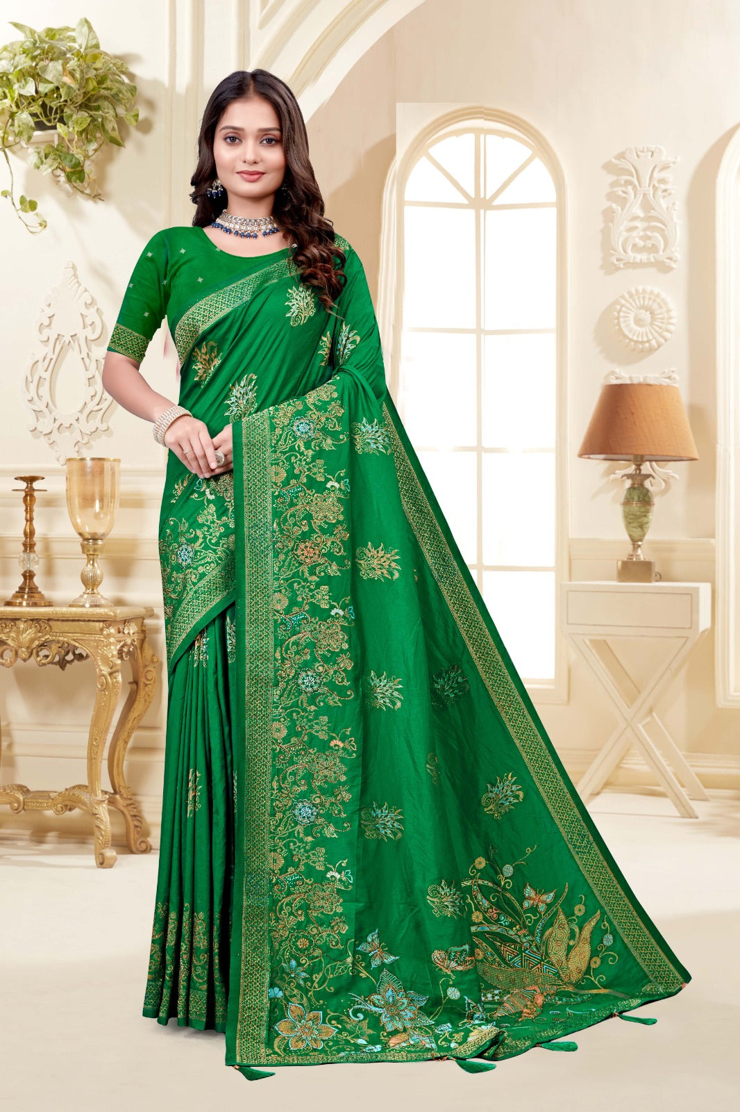 Elegant Green Floral Silk Saree