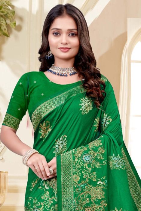 Elegant Green Floral Silk Saree