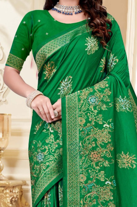 Elegant Green Floral Silk Saree