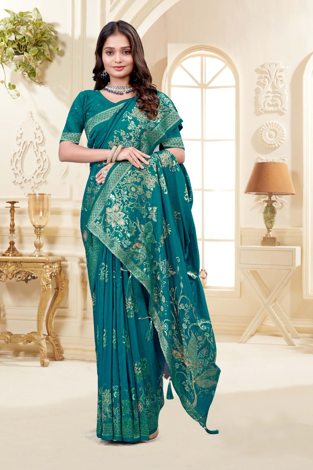 Elegant Teal Floral Silk Saree