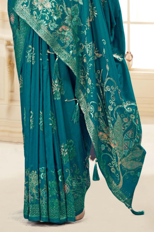 Elegant Teal Floral Silk Saree