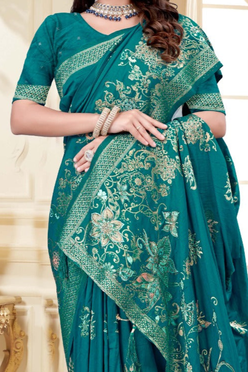 Elegant Teal Floral Silk Saree