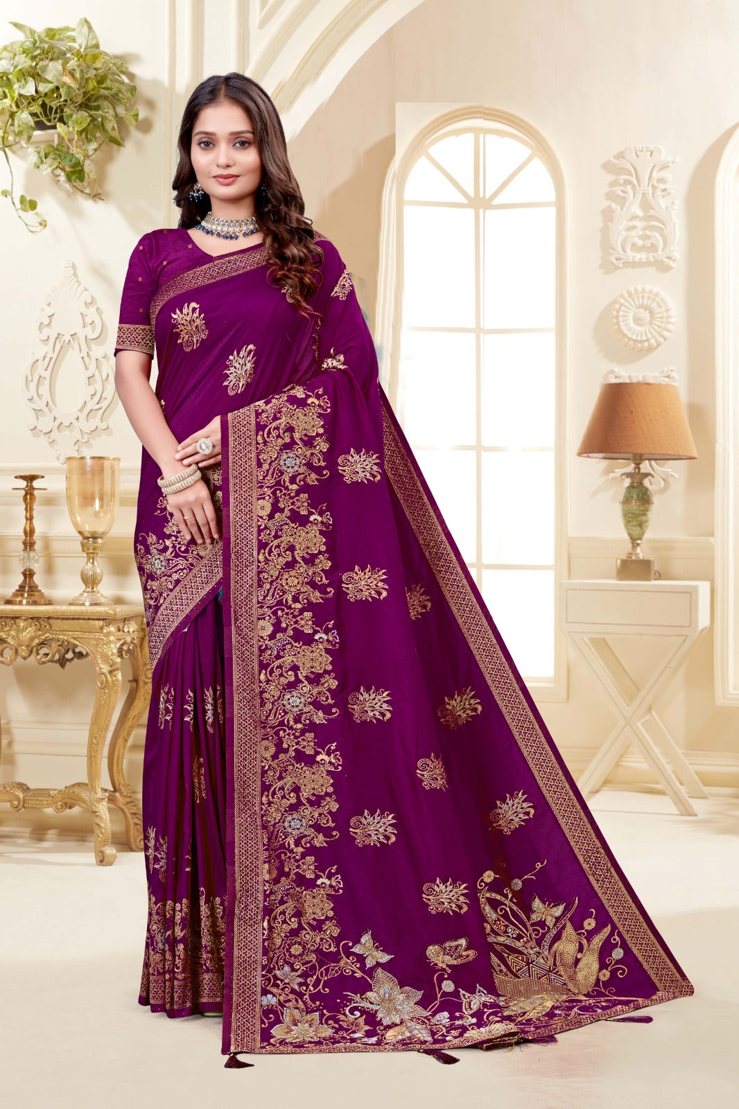 Elegant Wine Colour Floral Silk Saree