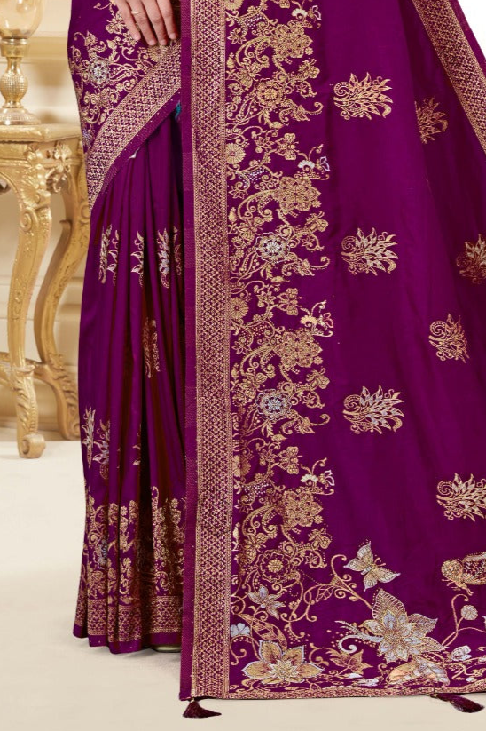 Elegant Wine Colour Floral Silk Saree