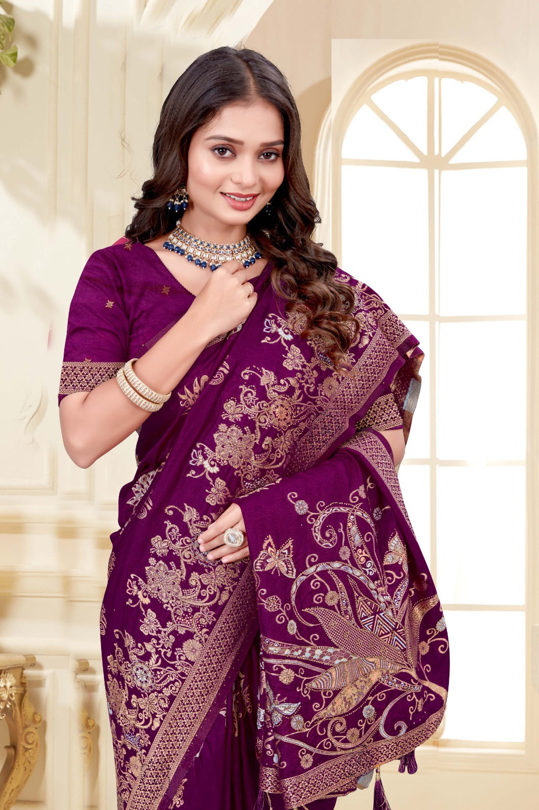 Elegant Wine Colour Floral Silk Saree