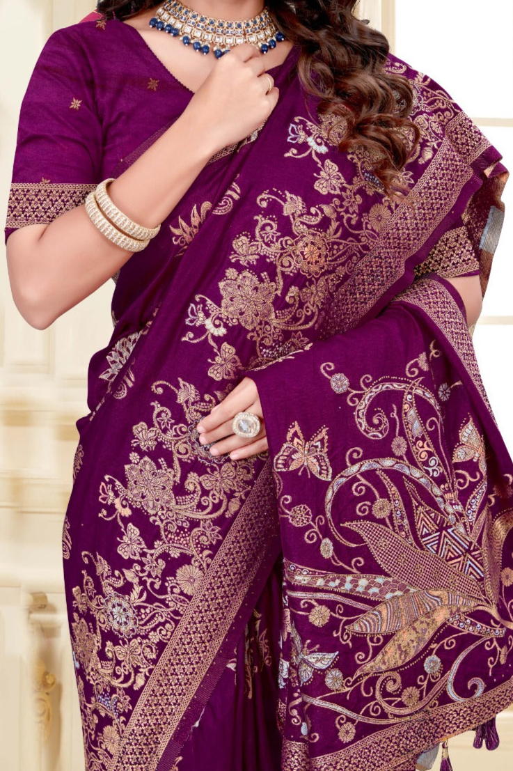 Elegant Wine Colour Floral Silk Saree