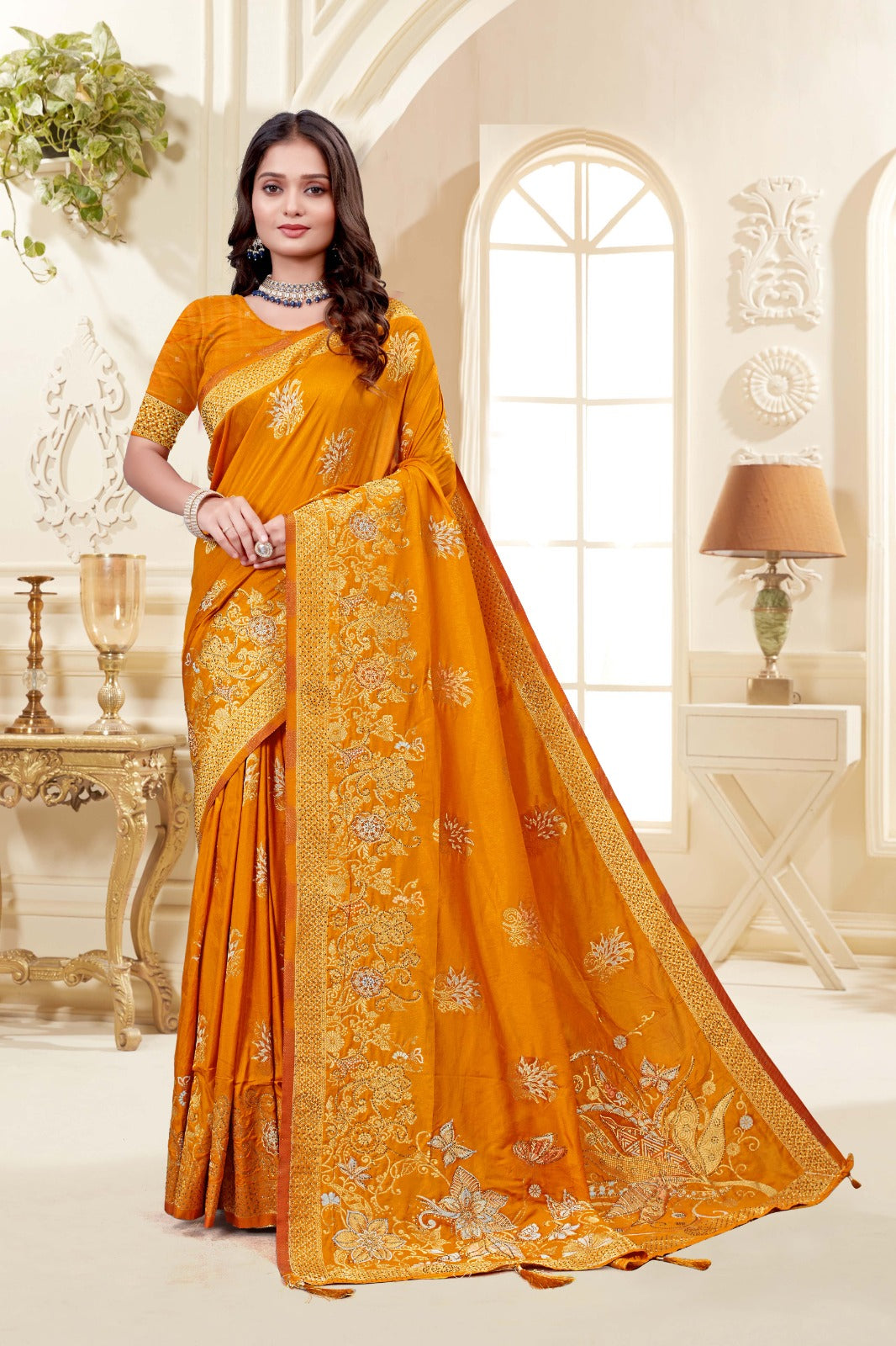 Elegant Orange Colour Floral Silk Saree