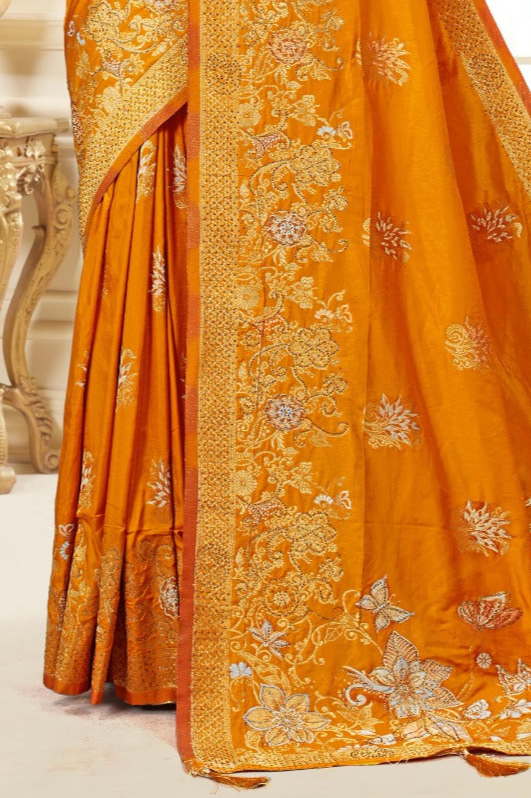 Elegant Orange Colour Floral Silk Saree