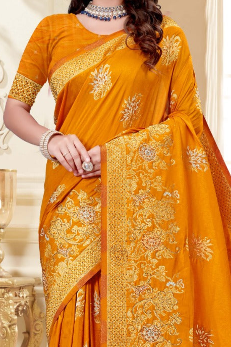 Elegant Orange Colour Floral Silk Saree