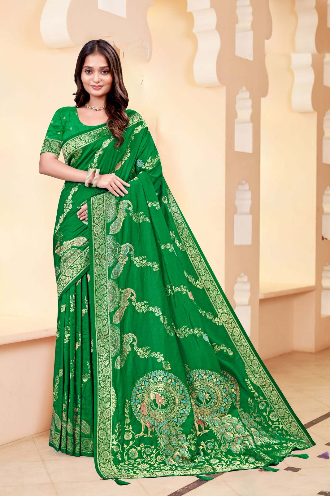 Premium Green Silk Peacock Print Saree