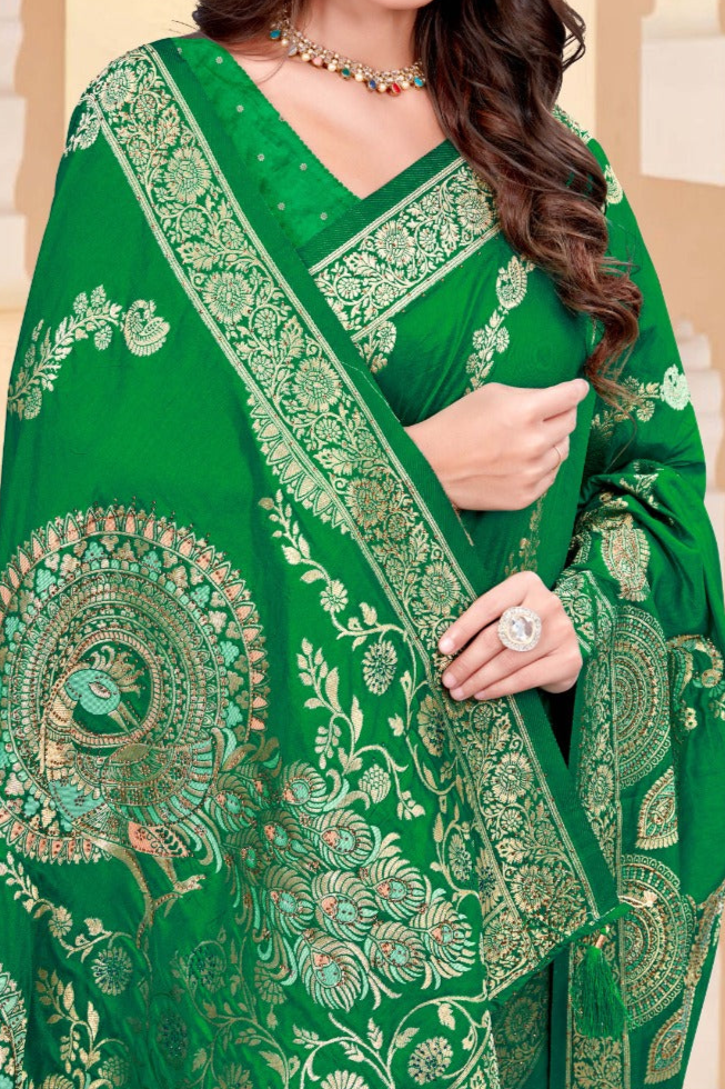 Premium Green Silk Peacock Print Saree