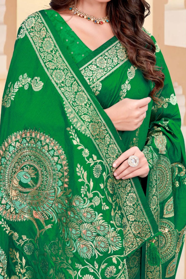 Premium Green Silk Peacock Design Saree