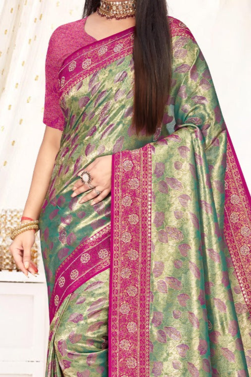 Green with Pink borders Silk Saree