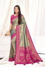 Green with Pink borders Silk Saree