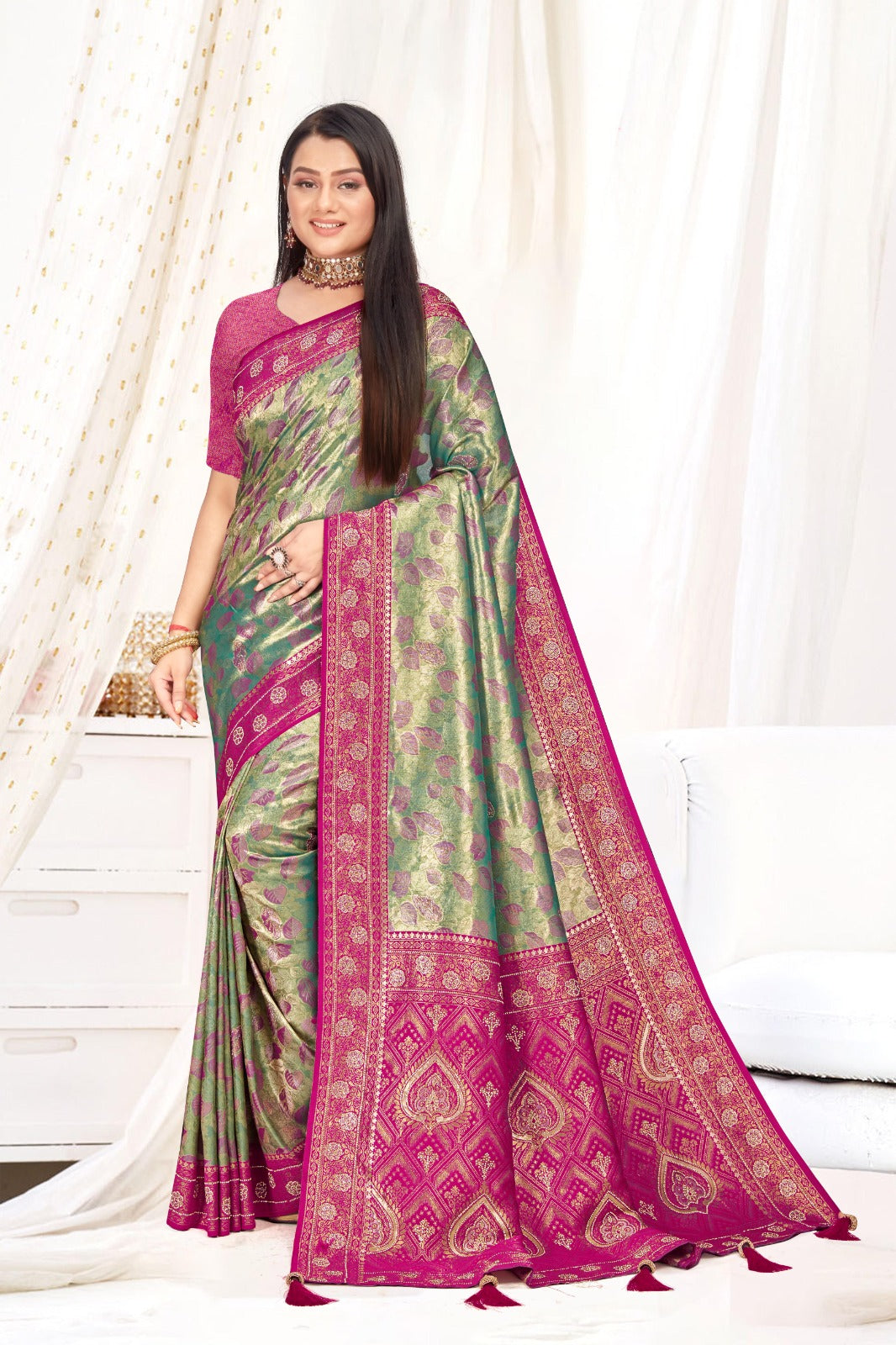 Green with Pink borders Silk Saree