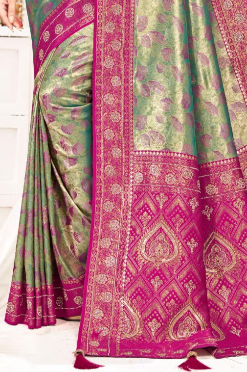 Green with Pink borders Silk Saree