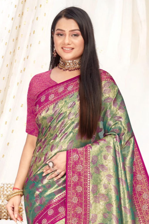 Green with Pink borders Silk Saree