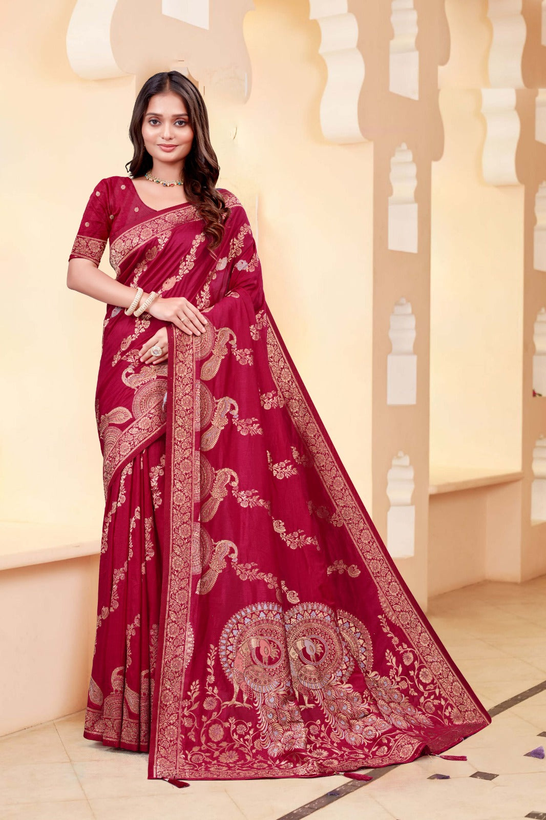 Premium Red Silk Peacock Design Saree