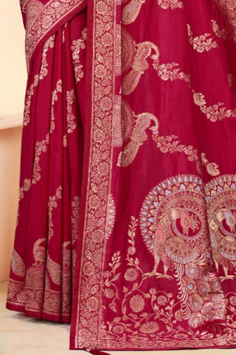 Premium Red Silk Peacock Print Saree