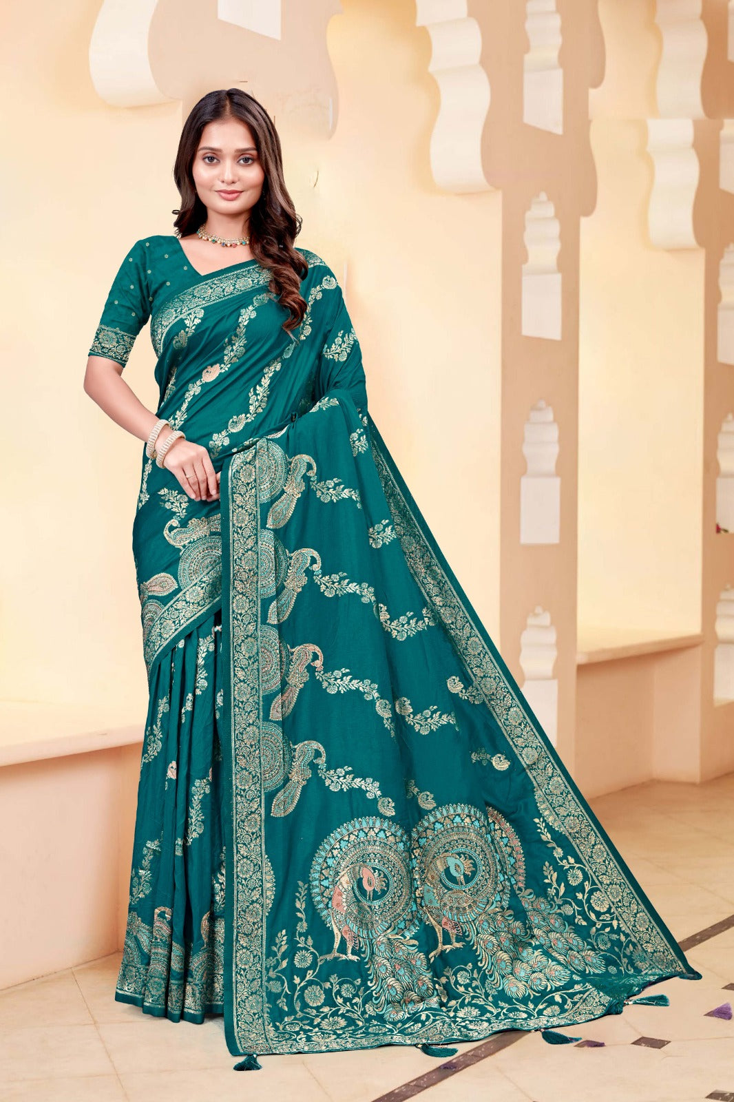 Premium Teal Silk Peacock Print Saree