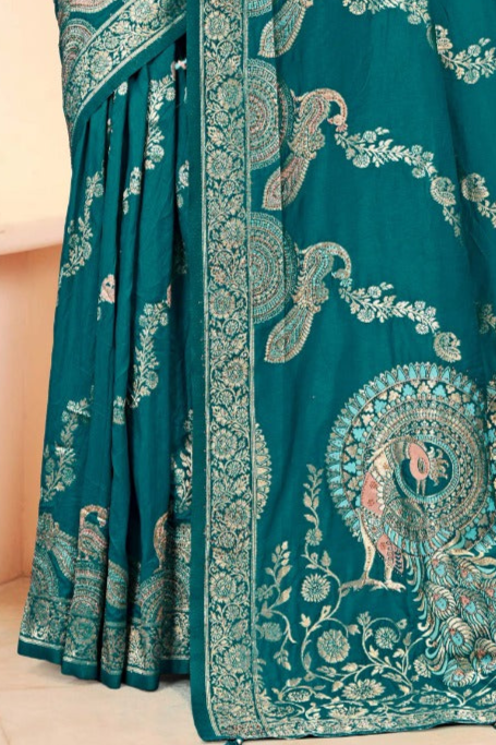 Premium Teal Silk Peacock Print Saree