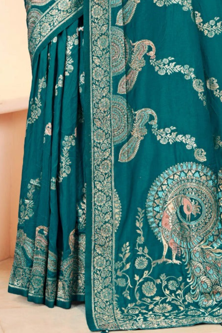 Premium Teal Silk Peacock Design Saree