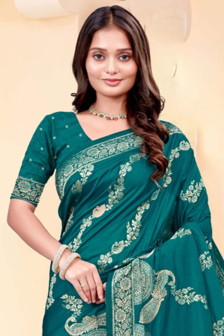 Premium Teal Silk Peacock Print Saree