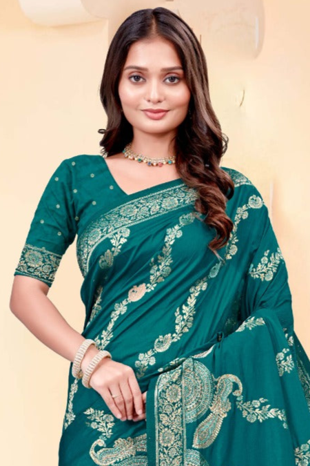 Premium Teal Silk Peacock Design Saree