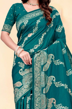Premium Teal Silk Peacock Design Saree