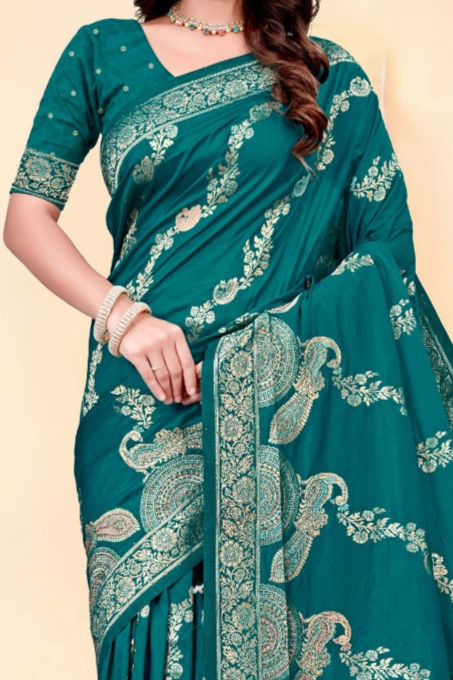 Premium Teal Silk Peacock Print Saree