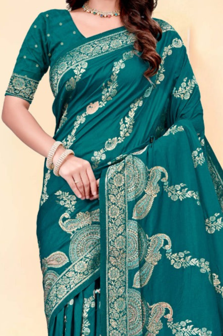 Premium Teal Silk Peacock Design Saree