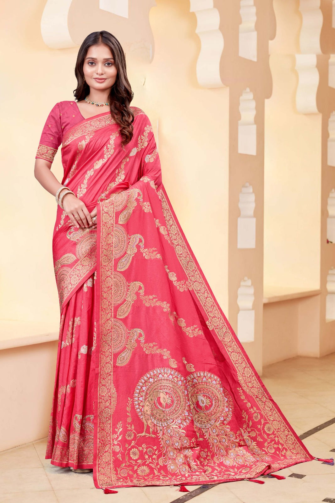 Premium Light Pink Silk Peacock Print Saree