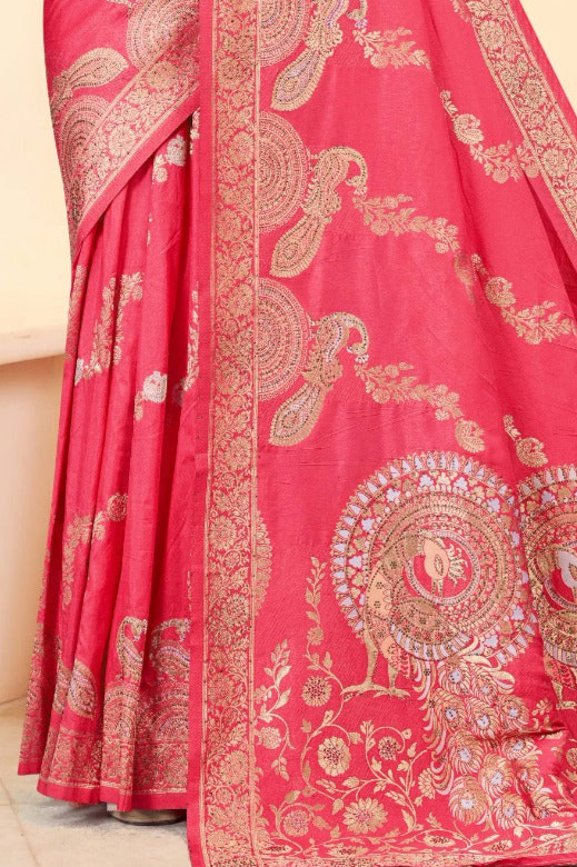 Premium Light Pink Silk Peacock Print Saree