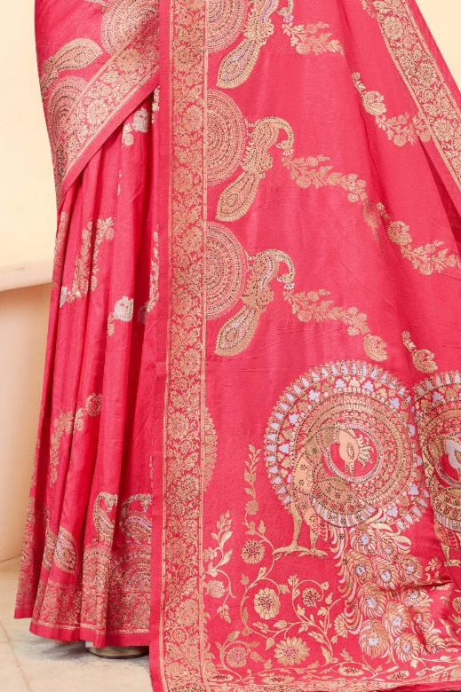 Premium Light Pink Silk Peacock Design Saree