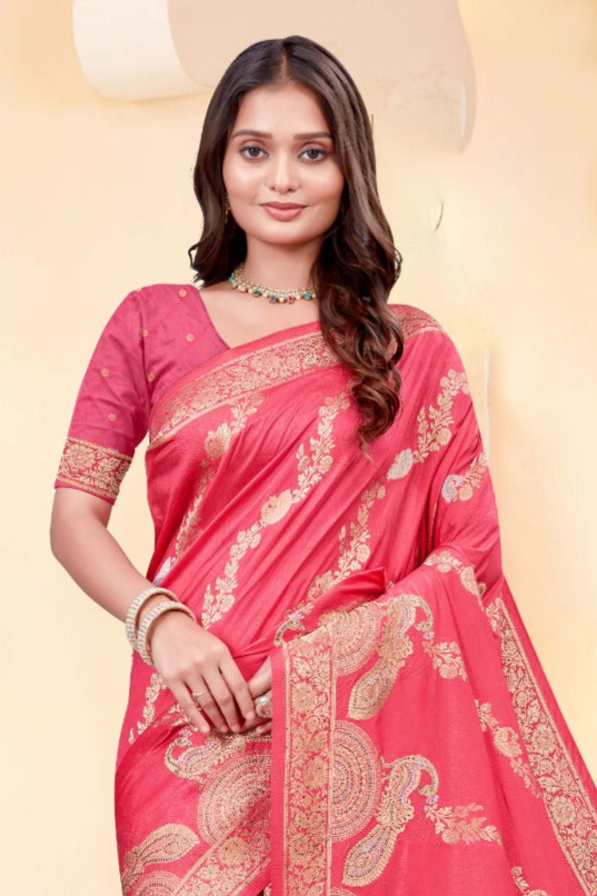 Premium Light Pink Silk Peacock Print Saree