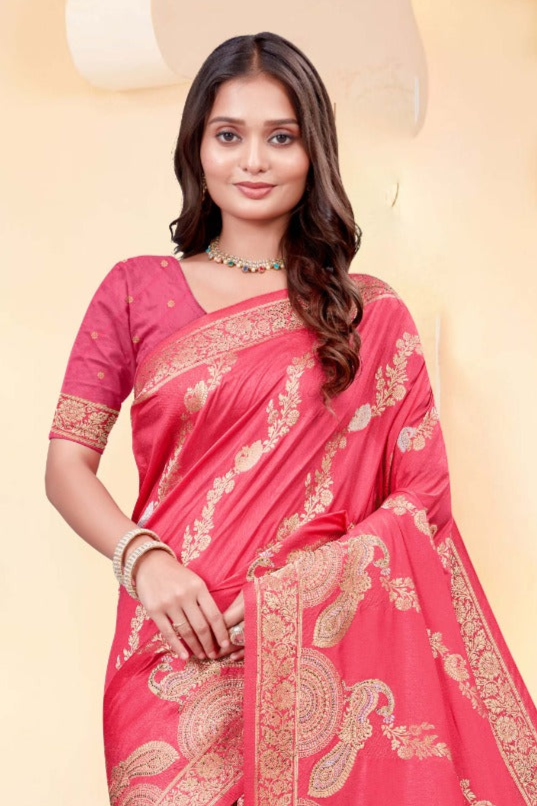 Premium Light Pink Silk Peacock Design Saree