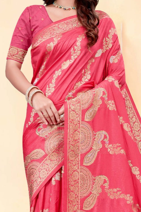 Premium Light Pink Silk Peacock Print Saree