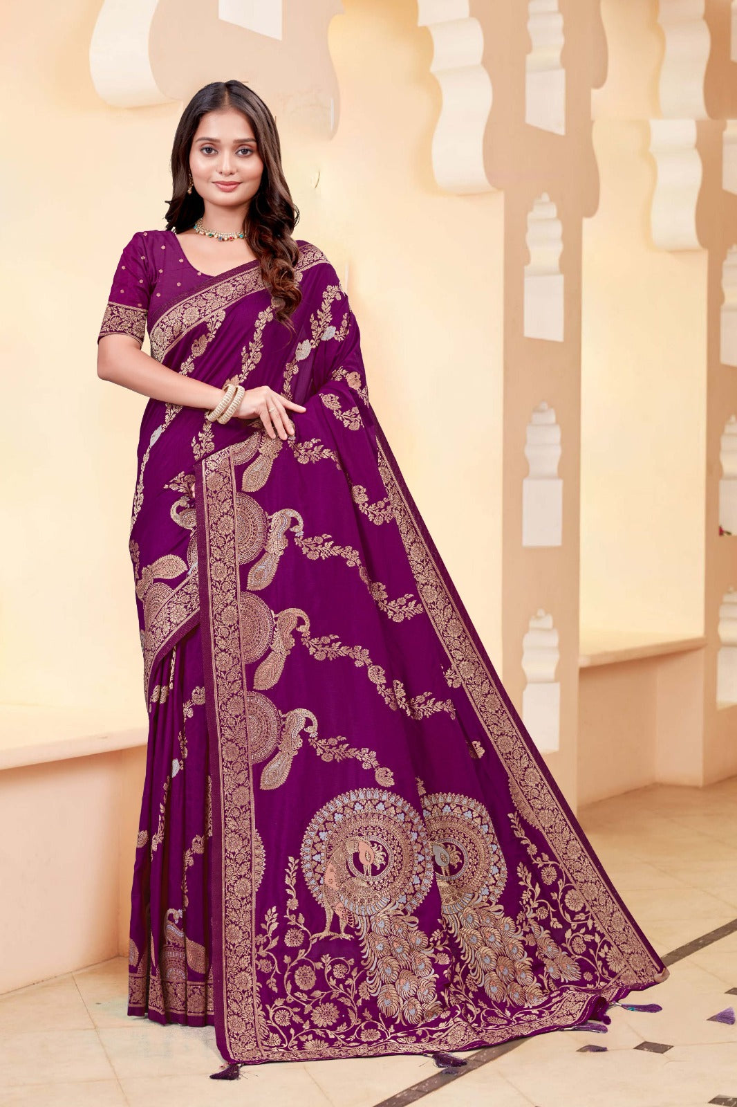 Premium Wine Peacock Print Silk Saree